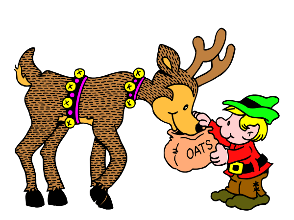 The black and white illustration shows a reindeer with antlers pulling Santa Claus on his sleigh while he is holding out presents to children who appear excited about receiving them in front of their homes during Christmas time, set against an urban background at nighttime.