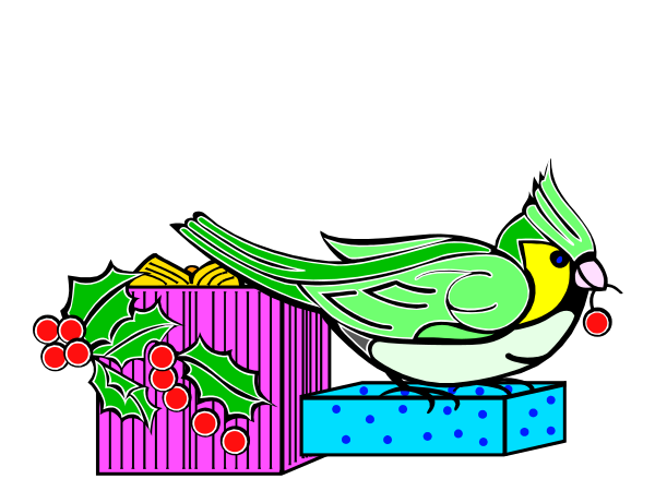 The image shows a colorful parrot perched on top of Christmas decorations with berries around it against a dark background.