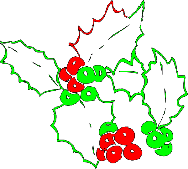 The image shows a festive holiday wreath with red berries on it against a black background; there is also an illustration of mistletoe at bottom right corner featuring green leaves and white flowers, along with two clusters of what appear to be holly or other small round fruits in the center.