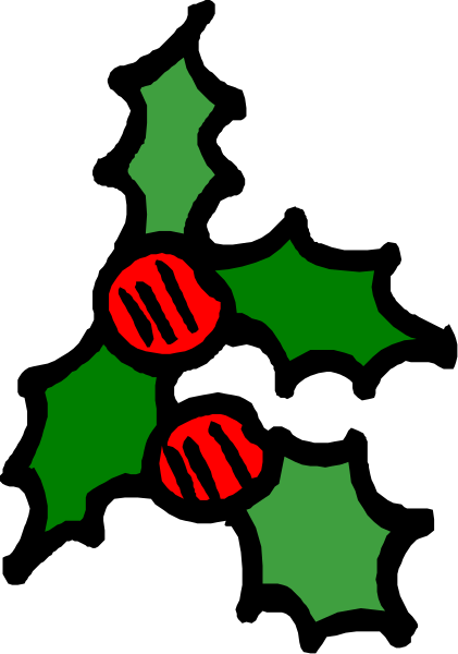 The image shows a collection of Christmas decorations including holly leaves with berries at their center, mistletoe bunches in red and green hues, and three wreaths each adorned with different colored baubles: one is white, another black, and the third pink.