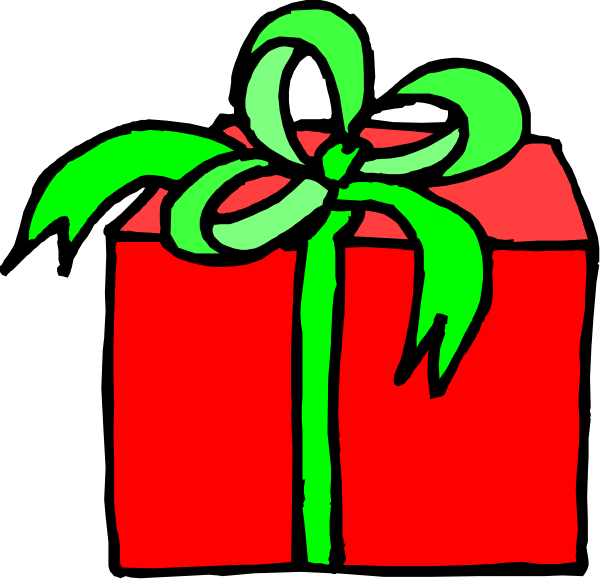 The image shows a red gift box with green ribbon tied on top of it against a black background.