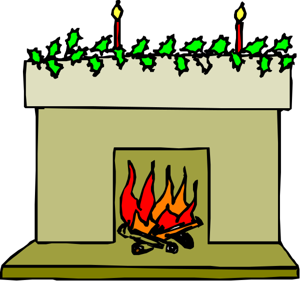 The image shows a cartoon depiction of two cakes with candles on top placed next to each other against an orange fireplace background; there is no text present in this clip-art illustration.
