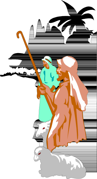 The image shows a black and white illustration of two figures standing on either side of an animal that appears to be a sheep; one figure is holding what looks like a staff while both appear to have long hair, suggesting historical attire typical for shepherds or pastoral scenes from the Bible.