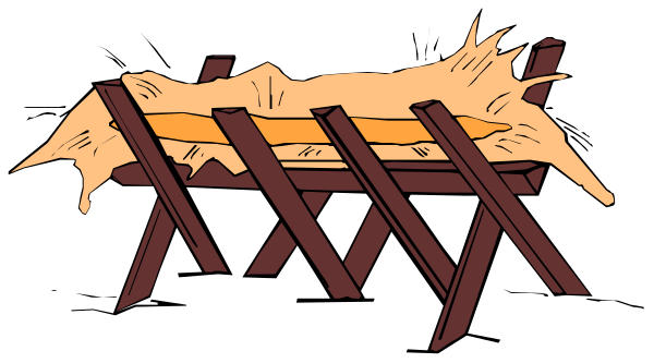 The image shows a cartoon depiction of an oven with food inside being transported on wooden poles by two men in what appears to be ancient times.