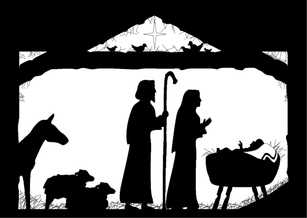 The black and white illustration depicts a nativity scene with figures of Mary, Joseph, baby Jesus, shepherds, angels, sheep, donkeys, camel, birds in flight, stars above them all, an open book on left side showing pages from it, and the setting is under what appears to be a starry night sky.