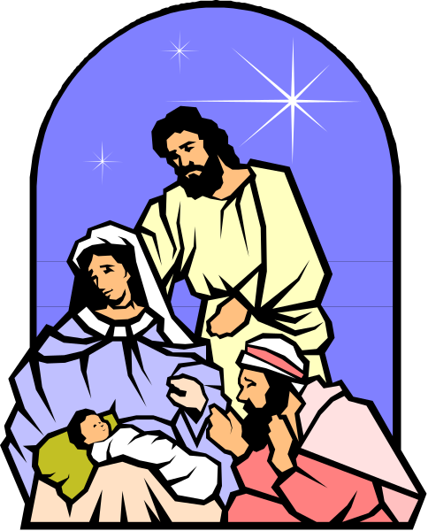 The image depicts a stylized illustration of three figures that appear to be from Christian iconography: Mary holding baby Jesus in her arms while standing next to Joseph; all three characters have halos around their heads, and there is an infant lying on its side nearby with two adults attending it. They are set against the backdrop of a starry sky at night or dusk, suggesting they might be depicted as being visited by angels during Jesus' birth.