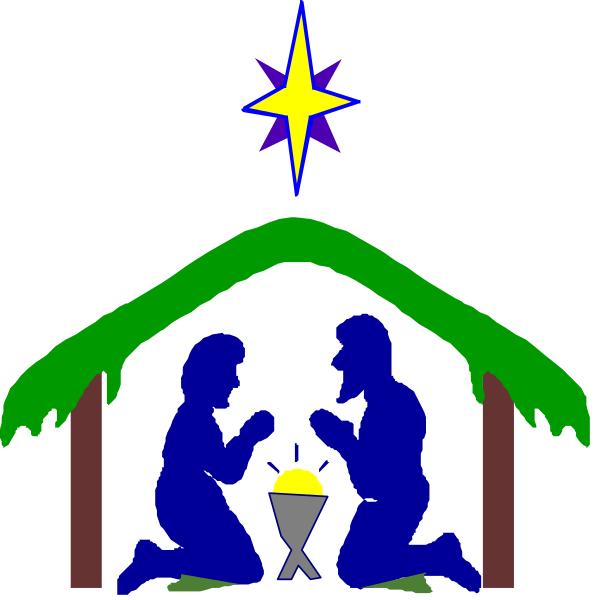 The image depicts a Christmas scene with two figures inside an outdoor shelter that resembles a traditional nativity manger under a starry sky at nighttime.