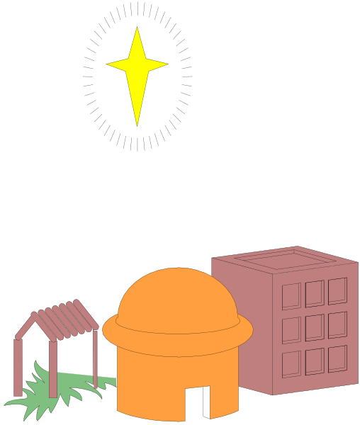 The image shows a night scene with an illuminated star above buildings that include what appears to be houses and possibly other structures; there's also some vegetation on one side of the frame.