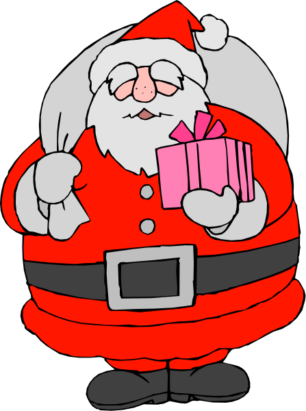 The cartoon depicts a jovial Santa Claus holding out his hand with an open gift box while standing against a black background.