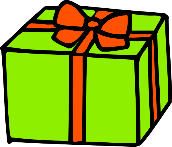The image shows a colorful gift box with an open top revealing nothing inside it against a black background; there is no text present in this clip-art illustration.
