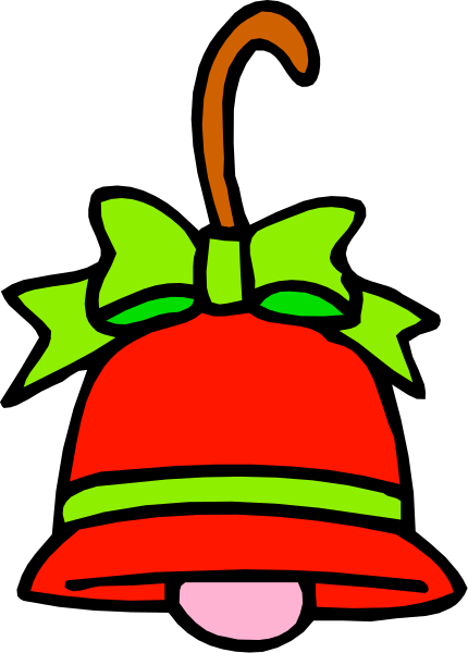 The image shows a red bell with green bow on top of it hanging from an unseen hook against a black background.