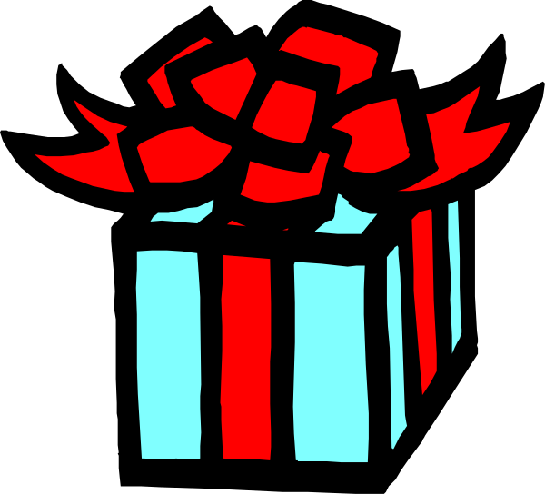 The image shows a colorful gift box with red ribbon on top of it against a black background.
