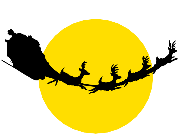 The image shows a black silhouette of three birds flying over an orange sunset with trees on either side against a dark background; there is no text present in this clip-art illustration.