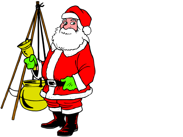 The image shows two cartoon representations of Santa Claus with different expressions: on the left is a smiling Santa holding an axe over his shoulder; on the right is another Santa looking downward while carrying a bucket and shovel, seemingly in distress as if he's been caught or surprised.