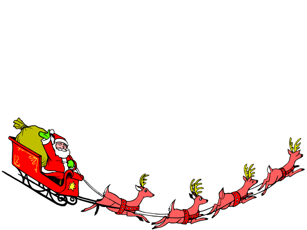 The image shows a cartoon depiction of Santa Claus riding on reindeer with his sleigh flying through space among stars against a black background.