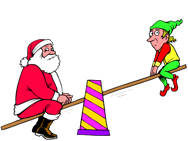 The illustration shows a cartoon depiction of Santa Claus on skis with an elf riding downhill behind him; both characters appear to be in motion as if skiing at nighttime under dark sky, and there is no visible text within this image.