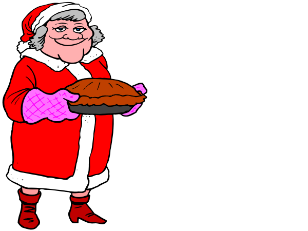 The cartoon shows two characters dressed as Santa Claus holding a pie; on their left is an older woman with glasses wearing red gloves while carrying a large apple pie in her hands, standing next to another character who appears younger and has dark hair, also dressed like Santa but without any visible facial features.