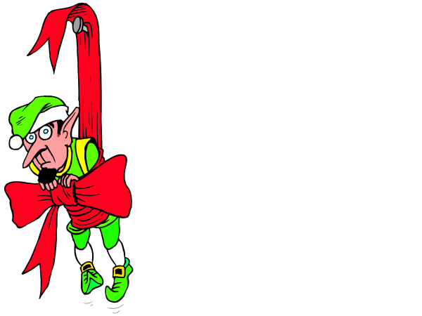 The image shows two cartoon elves hanging from a red ribbon with their hands tied behind them against a black background.