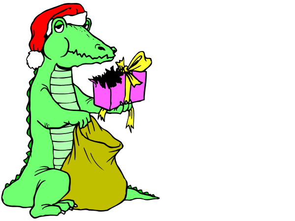 The cartoon shows two alligators holding presents with bows on them; both have Santa hats and appear to be in a festive mood.