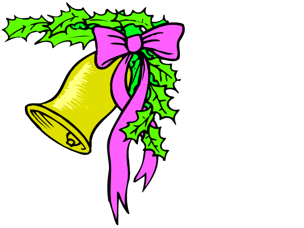 The image features a bell with holly leaves on either side of it tied together by purple ribbon against a black background.