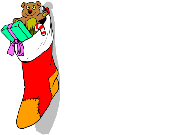 The image shows a cartoon of Santa Claus carrying two gift bags with presents inside them while flying through an overcast sky at nighttime.