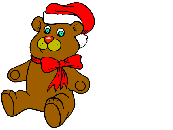 The image shows two teddy bears wearing Santa hats; on the left is a bear with no bow tie while the one on the right has an orange ribbon around its neck as if it's been gift-wrapped, and both appear to be in motion or walking towards each other.