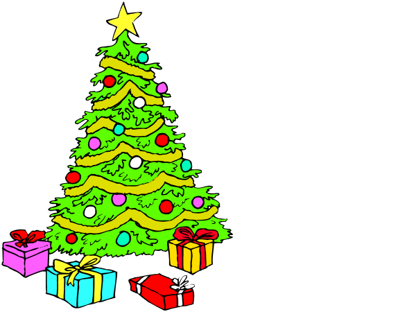 The image shows a Christmas tree with presents at its base on either side of it against a black background; there is no text present in this clip-art illustration.