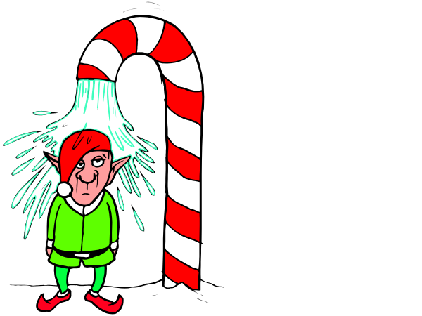 The cartoon shows a character with red hair standing under two dripping faucets labeled "Candy Cane" on either side of an archway that says "Santa's Workshop."