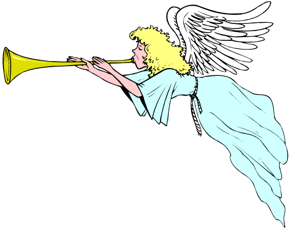 The illustration depicts an angel playing a trumpet with wings spread wide against a dark background.