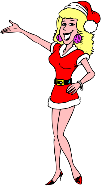 The image shows a cartoon of an animated female character dressed as Santa Claus with blonde hair wearing red shorts, holding her hand on hip while standing against black background; she is pointing to left side of frame and smiling broadly at viewer.