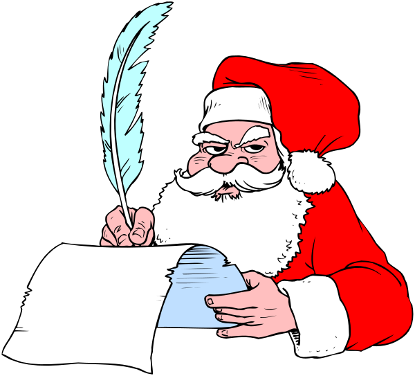 The image shows a cartoon of Santa Claus sitting at his desk with papers spread out before him; he is holding an ink pen in one hand while writing on paper with another.