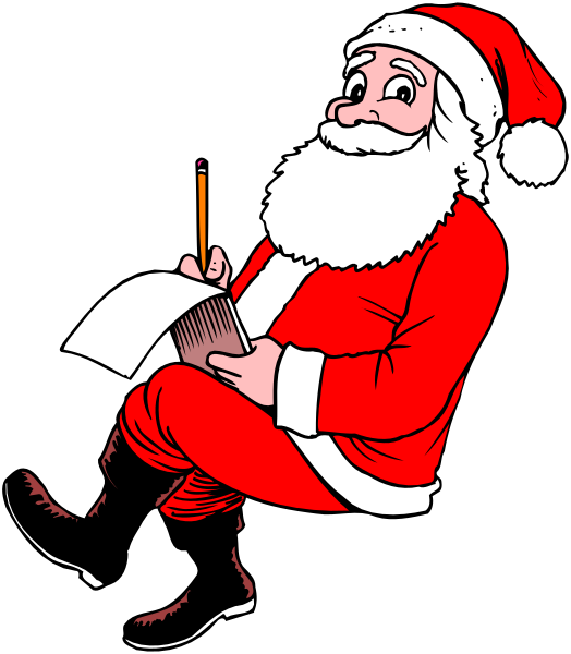 The illustration shows a cartoon of Santa Claus sitting down with his legs crossed over each other while holding an open book in one hand and writing on it using a pencil held by another hand that is resting on top of the book, wearing red pants trimmed at the bottom with white fur.