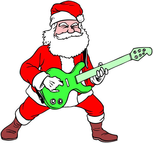 The illustration shows a cartoon depiction of Santa Claus playing an electric guitar with his eyes closed as if he is in mid-performance; there's another image within it showing him strumming on top, both set against black backgrounds and framed by white borders.