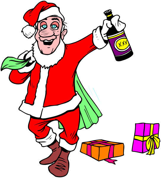 The illustration shows a cartoon Santa Claus holding an open bottle of beer with his right hand while standing on what appears to be one leg in mid-air above two presents wrapped as gifts; he is wearing traditional red and white attire, including boots, gloves, belt, pants, shirt, hat.