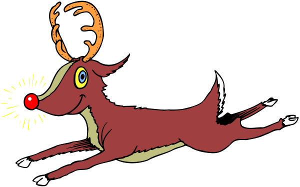 The image shows a cartoon reindeer with antlers running on what appears to be ice against a dark background; it's nighttime outside of an unseen building where there is light coming from inside, and above them flies Santa Claus in his sleigh pulled by flying deer.
