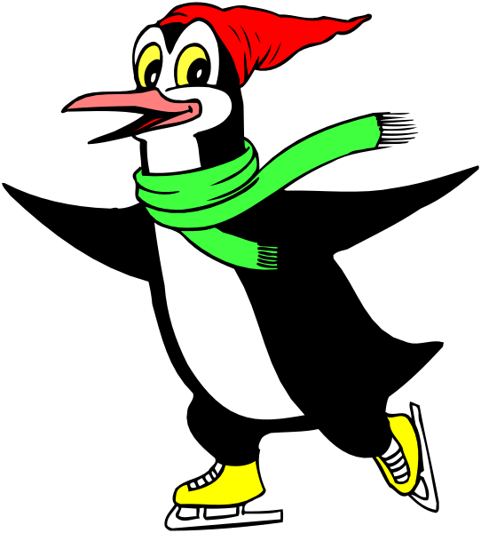 The image shows a cartoon penguin character wearing red pants with white boots, holding its arms out to either side while standing on one leg in front of what appears to be an audience; it is also wrapped around itself and has a green scarf draped over its neck.