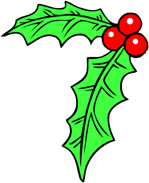 The image shows a green holly leaf with red berries on it against a black background.