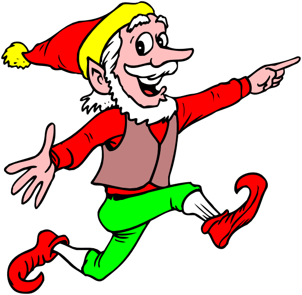 The cartoon depicts a jovial gnome with red shoes running towards two other identical figures of himself pointing in opposite directions.