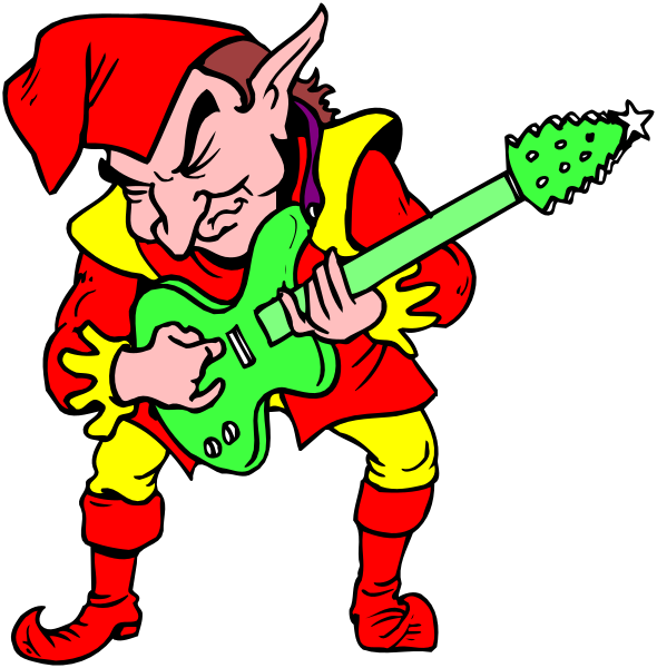 The image shows a cartoon of an elf playing guitar with two different expressions: neutral on top left corner and intense while performing in bottom right corner.