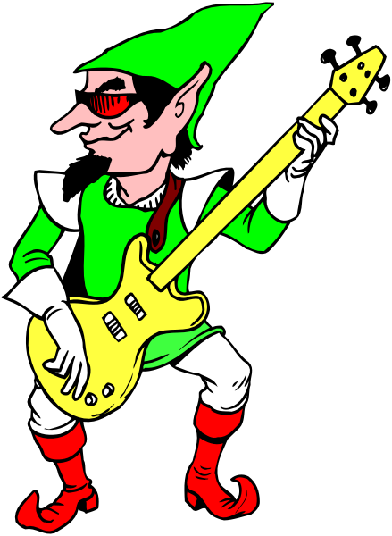 The illustration features a cartoon character dressed as Link from "The Legend of Zelda" playing an electric guitar with his eyes closed while standing on one leg in front of a black background.