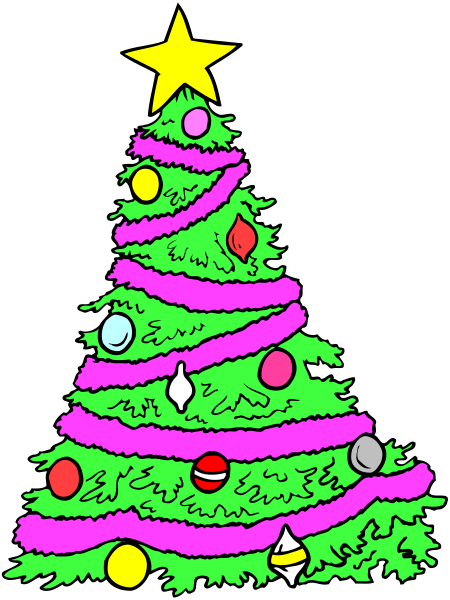 The image shows a colorful Christmas tree with purple ribbon around it decorated for Christmas against a black background.