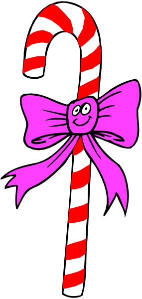 The image shows a candy cane with an attached bow on top of it against a black background.