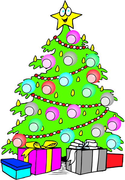 The image features a colorful Christmas tree with presents at its base; above it is an animated star on top of the tree that appears to be smiling.