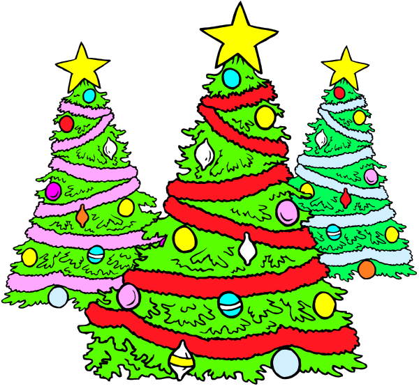 The image shows three Christmas trees with colorful decorations against a black background.