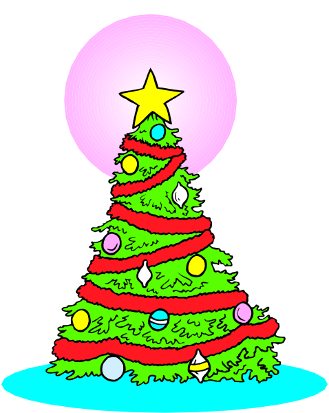 The image shows a cartoon Christmas tree with decorations such as stars at its top, red ribbons around it, and various colored balls hanging from branches against a pink background that resembles clouds; there is no text present in this clip-art illustration of holiday cheer.
