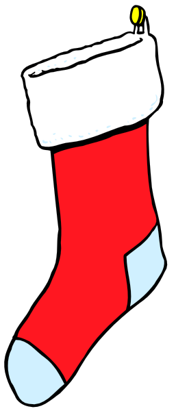 The image shows a cartoon depiction of Christmas stockings hanging on what appears to be a wall with two visible red socks inside them; one has an unlit candle in it while the other is empty.