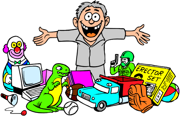 The cartoon shows a man standing behind an assortment of items including toys like cars, trucks, dinosaurs; books with titles such as "Electricity" and "Dinosaurs"; various household objects like bottles, vases, potted plants, scissors, toothbrushes.