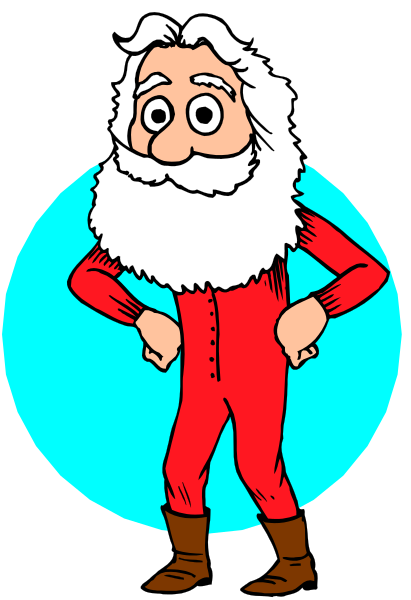 The cartoon depicts a character dressed as Santa Claus standing with his hands on hips against an aqua background.