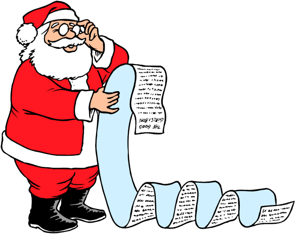 The cartoon depicts Santa Claus holding a roll of paper with text on it while standing next to an unrolled scroll that reads "Santa's List."