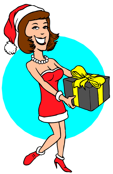 The cartoon depicts a woman dressed as Santa Claus holding out an open gift box with her right hand while standing on what appears to be ice skates against a blue background.